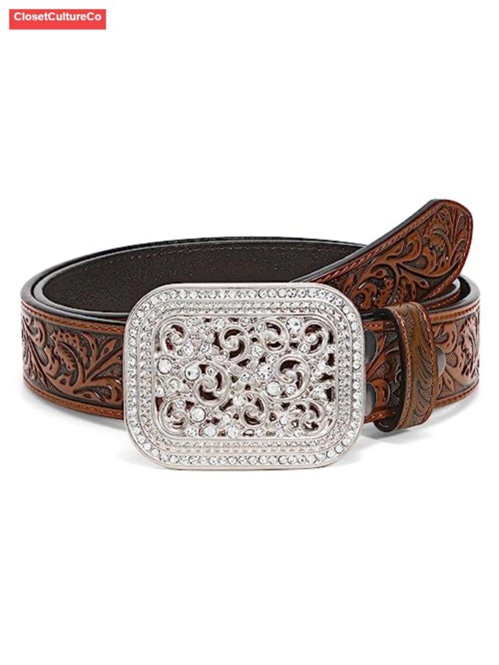 Genuine Leather Western Belt Silver Rhinestone Buckle Cowgirl Belt